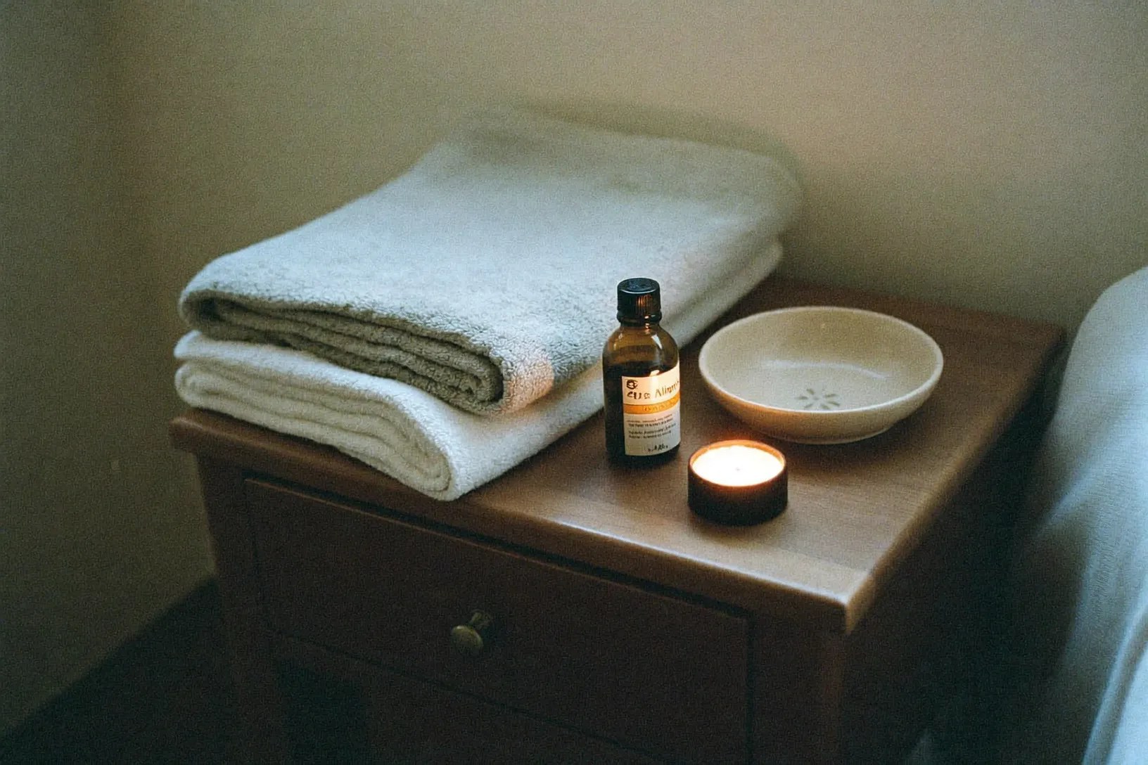 Folded towels, a plain oil bottle and a tea light on a side table
